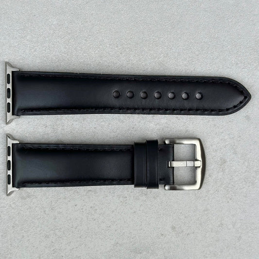 Birds eye view Athens Jet black full grain leather Apple watch strap. Series 3, 4, 5, 6, 7, 8, 9, SE and Ultra.