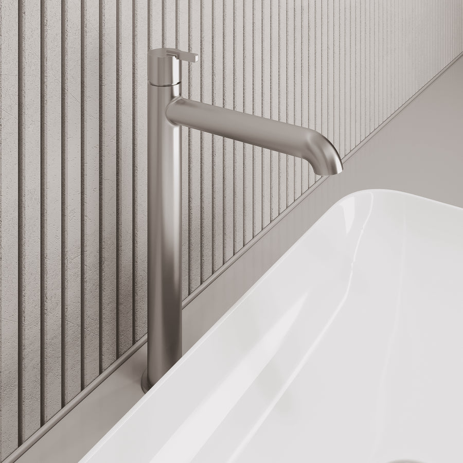 Lia Top Mount Tall Basin Mixer - Brushed Steel