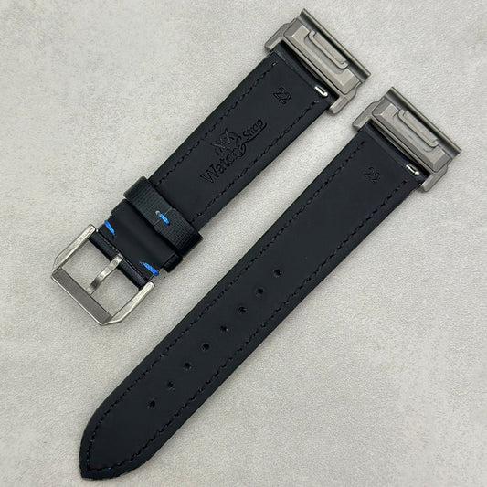 The Bermuda: Jet Black Sail Cloth Garmin QuickFit Watch Strap With Blue Stitching