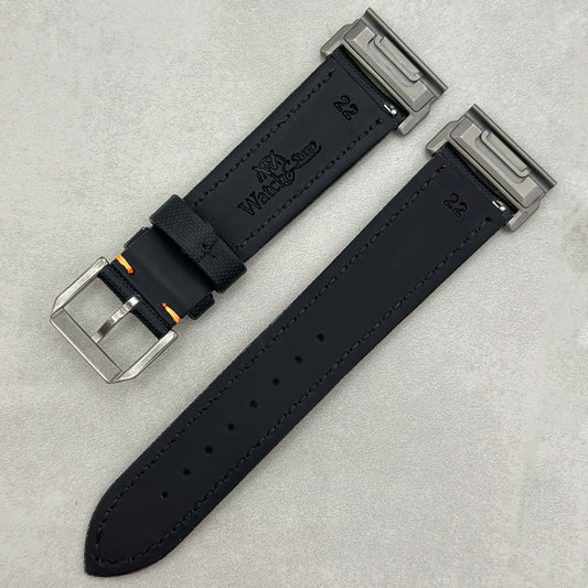 The Bermuda: Jet Black Sail Cloth Garmin QuickFit Watch Strap With Orange Stitching