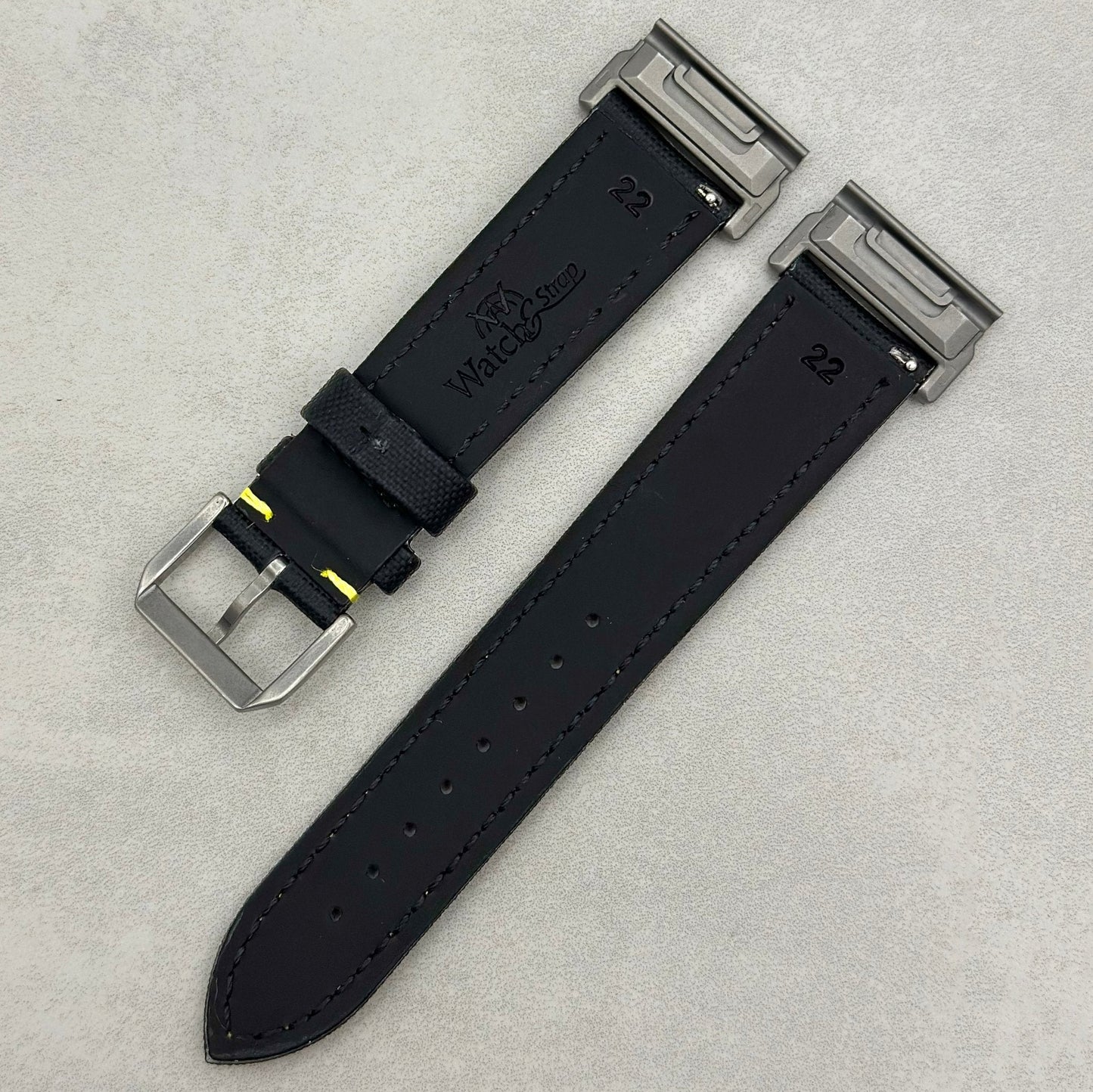 The Bermuda: Jet Black Sail Cloth Garmin QuickFit Watch Strap With Yellow Stitching
