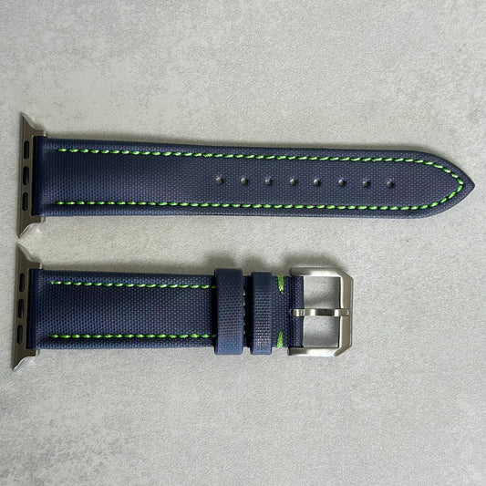 Bermuda navy blue sail cloth Apple Watch strap with green stitching. Series 3, 4, 5, 6, 7, 8, 9, SE and Ultra.