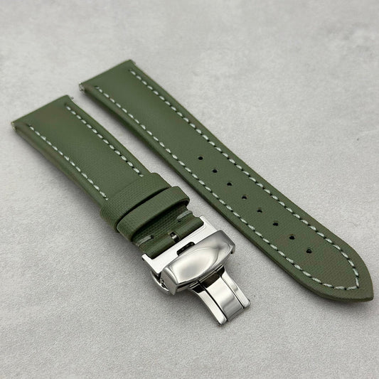 The Bermuda: Khaki Green Sail Cloth Apple Watch Strap With Contrast Grey Stitching