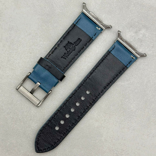Le Mans: Dark Petrol Blue And Black Leather Padded Racing Samsung Galaxy Watch Ultra Strap