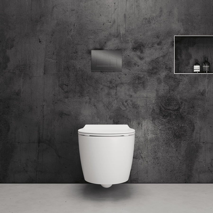 Onia Wall Hung White Toilet Set - with Concealed Frame, Cistern and Titanium Flush Plate