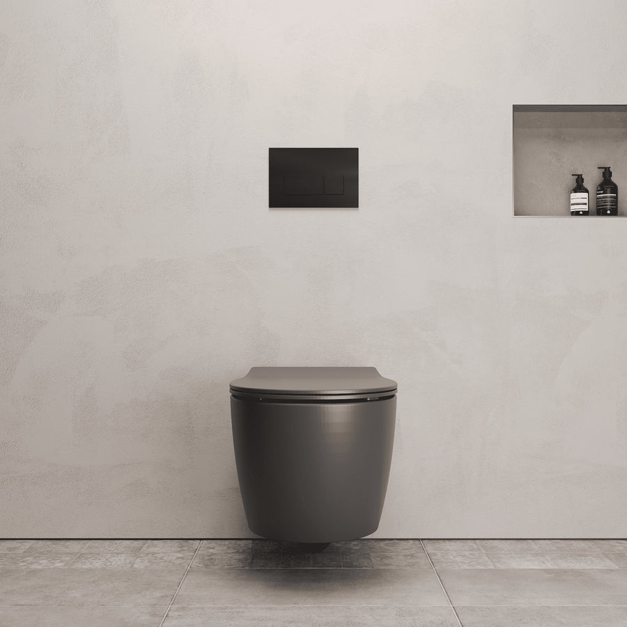 Onia Wall Hung Grey Toilet Set - with Concealed Frame, Cistern and Black Flush Plate