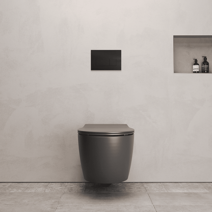 Onia Wall Hung Grey Toilet Set - with Concealed Frame, Cistern and Black Flush Plate