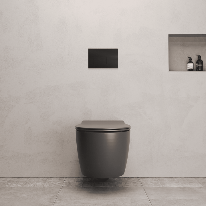 Onia Wall Hung Grey Toilet Set - with Concealed Frame, Cistern and Black Flush Plate