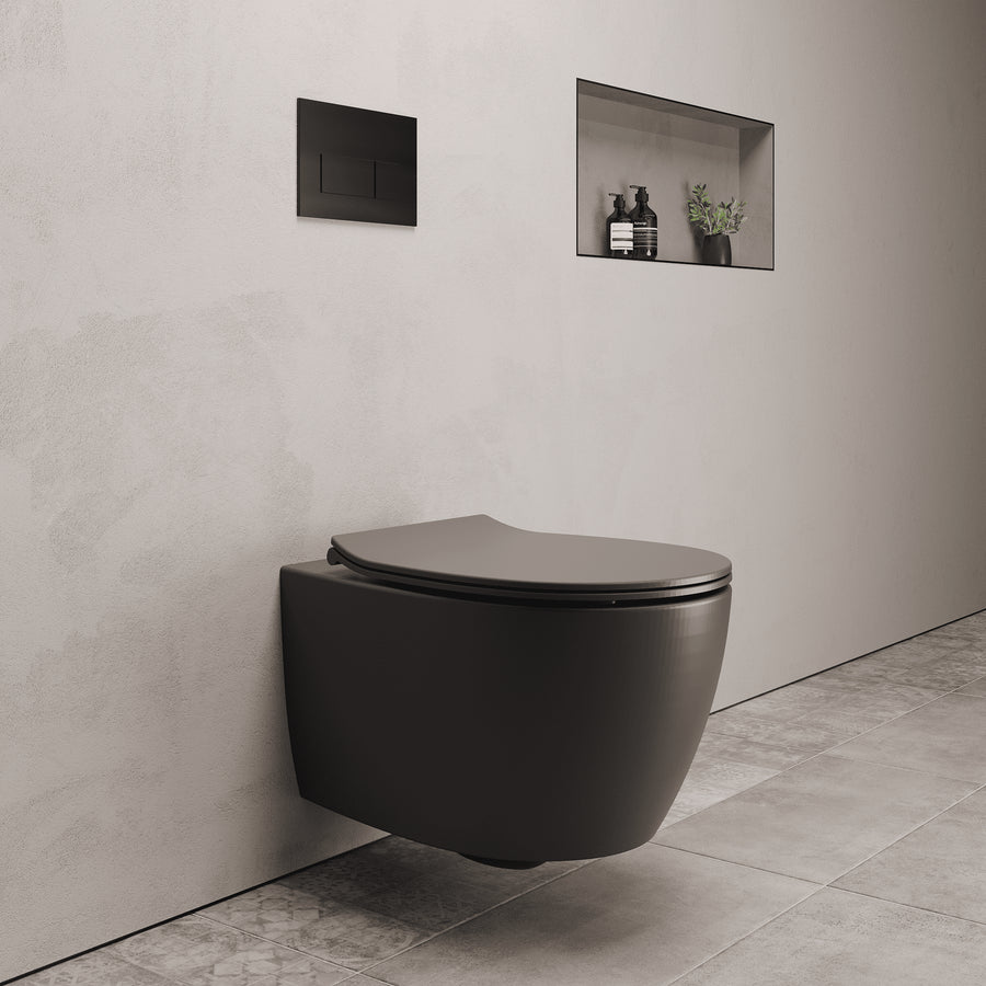 Onia Wall Hung Grey Toilet Set - with Concealed Frame, Cistern and Black Flush Plate