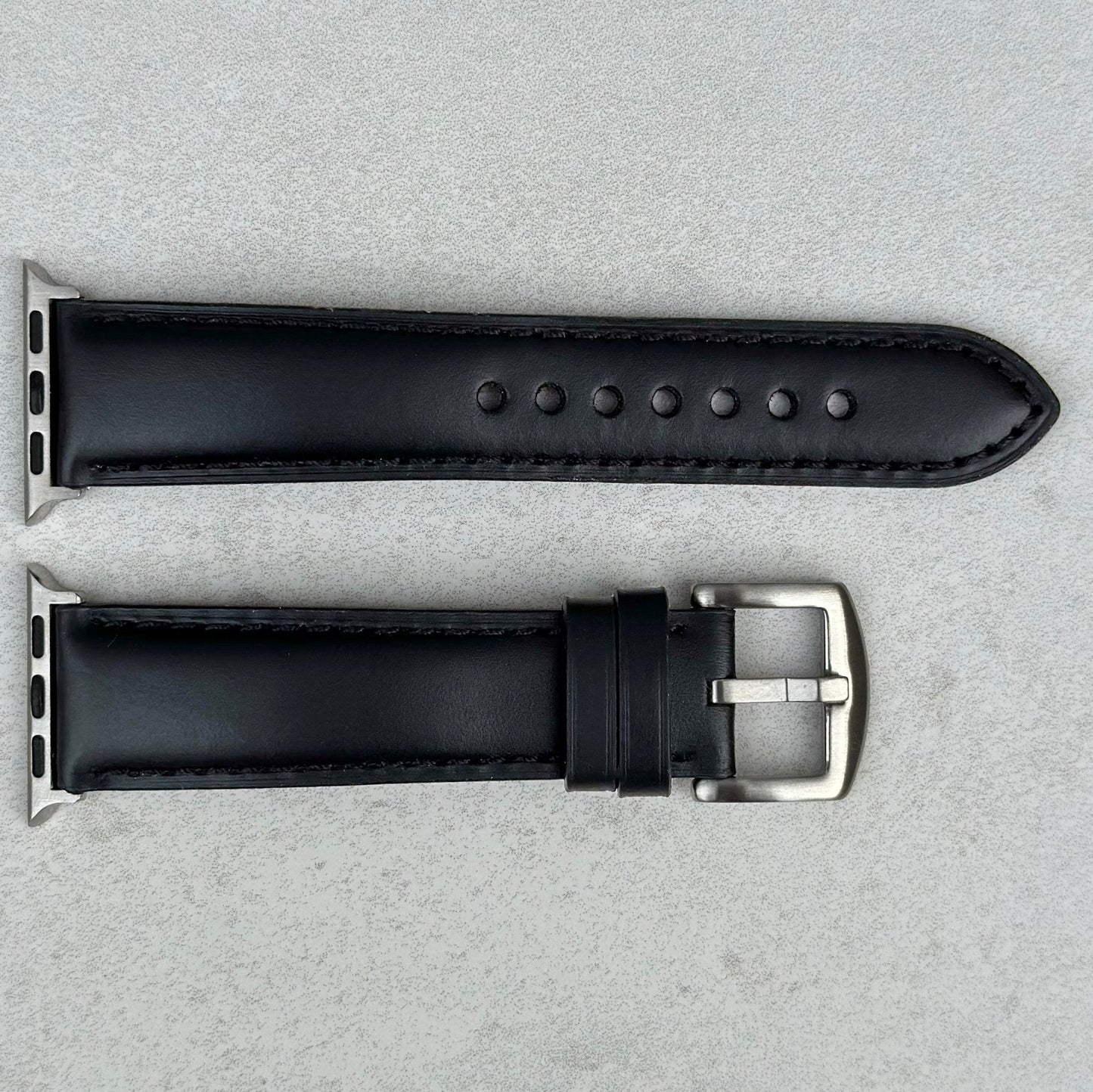 Birds eye view Athens Jet black full grain leather Apple watch strap. Series 3, 4, 5, 6, 7, 8, 9, SE and Ultra.