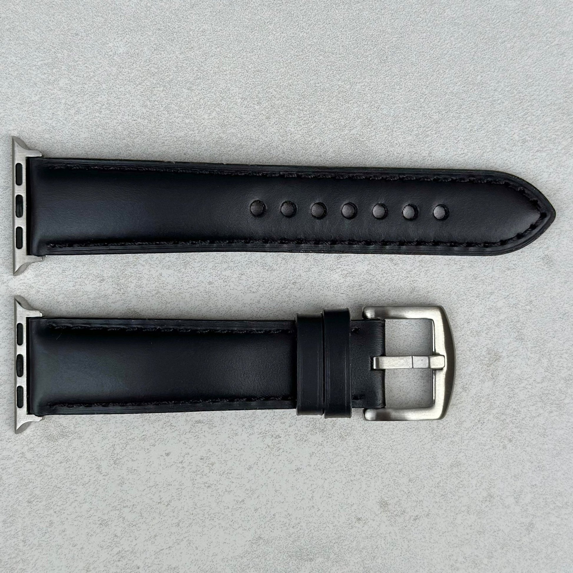Birds eye view Athens Jet black full grain leather Apple watch strap. Series 3, 4, 5, 6, 7, 8, 9, SE and Ultra.