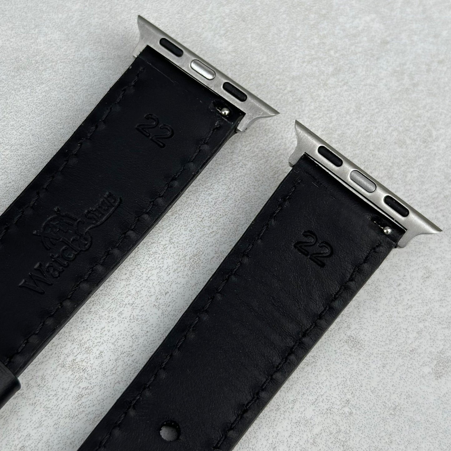 Athens jet black full grain leather Apple watch strap. Watch And Strap logo.