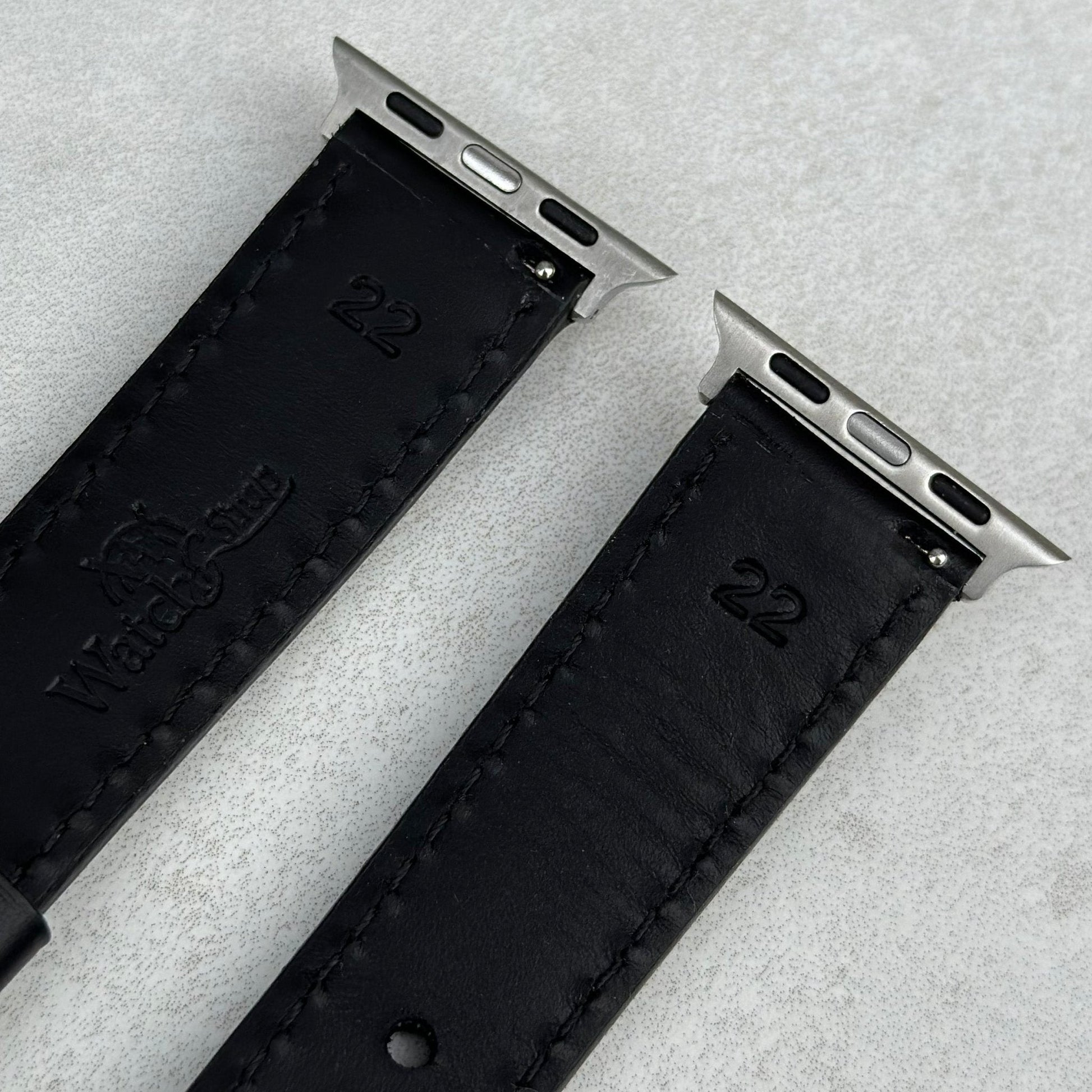 Athens jet black full grain leather Apple watch strap. Watch And Strap logo.