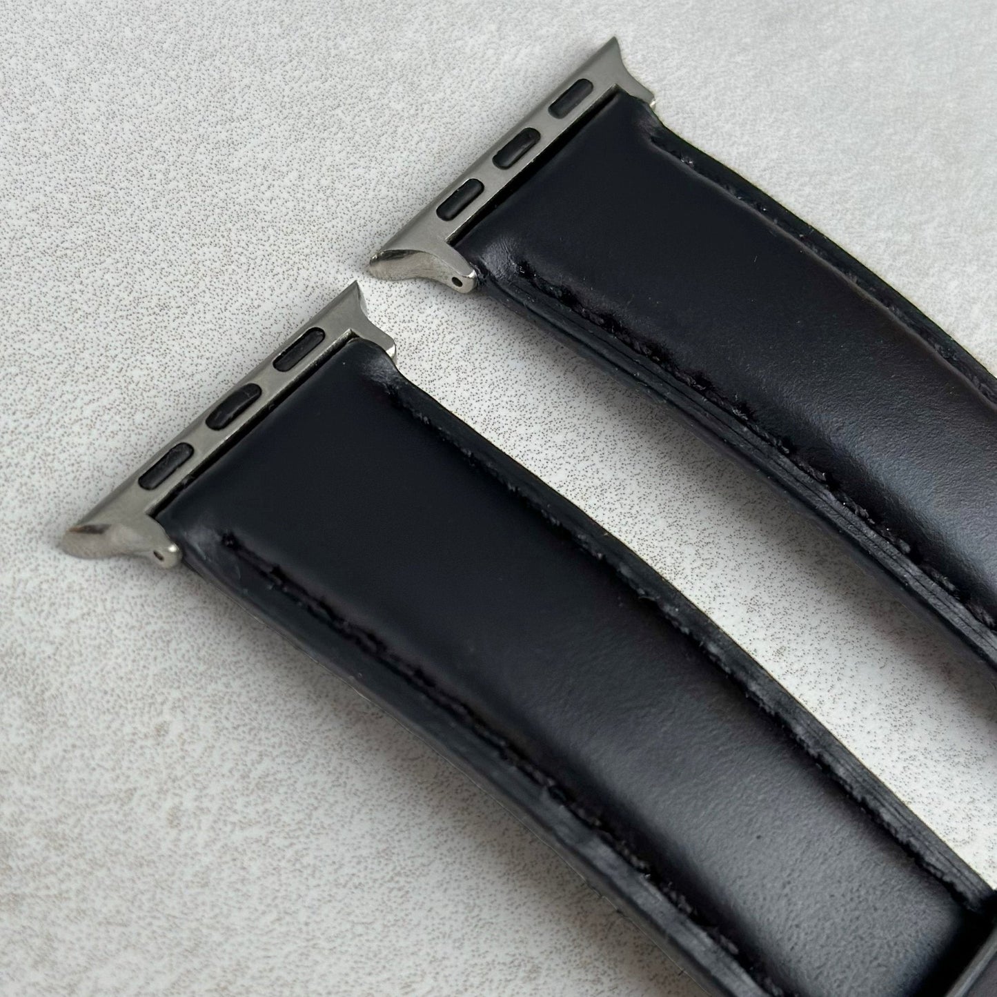 Top of the Athens jet black full grain leather apple watch strap. Padded leather apple watch strap. Watch And Strap.