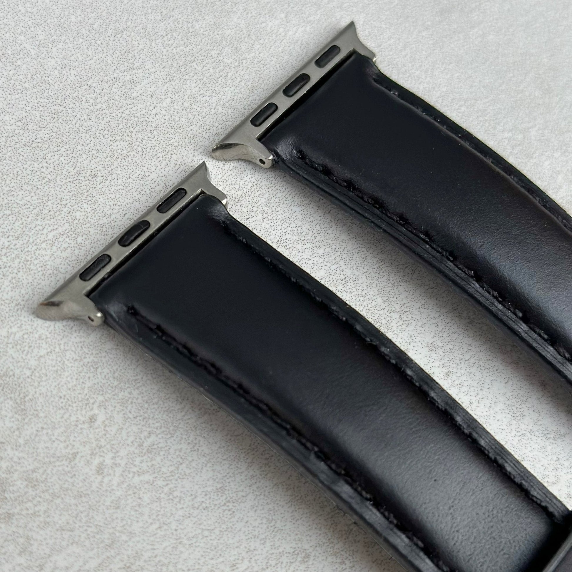 Top of the Athens jet black full grain leather apple watch strap. Padded leather apple watch strap. Watch And Strap.