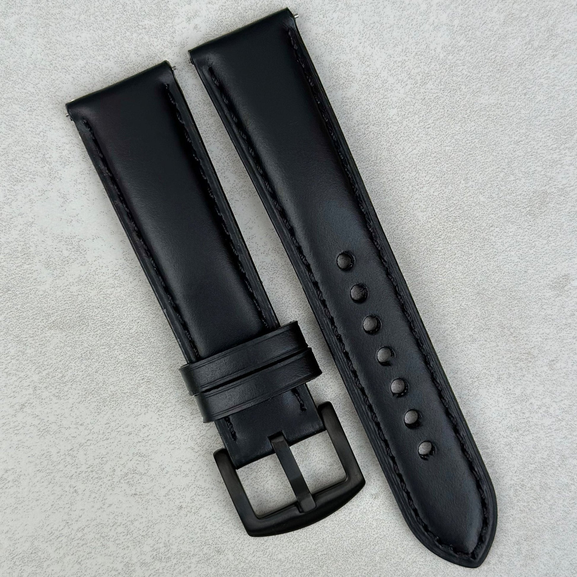 Athens jet black full grain leather watch strap with PVD black stainless steel buckle. 18mm, 20mm, 22mm and 24mm.