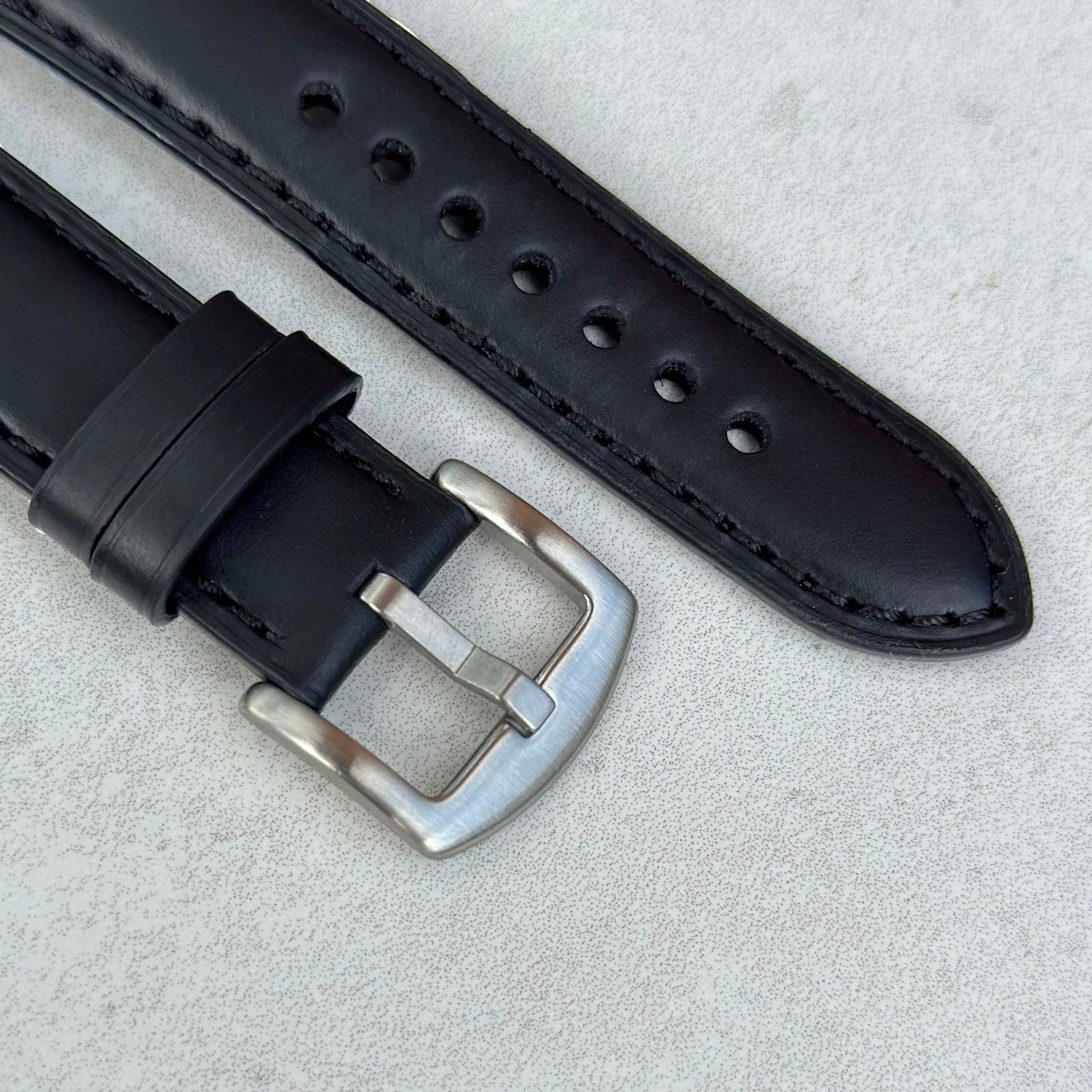 Brushed 316L stainless steel buckle on the Athens jet black leather Apple watch strap. Watch And Strap.