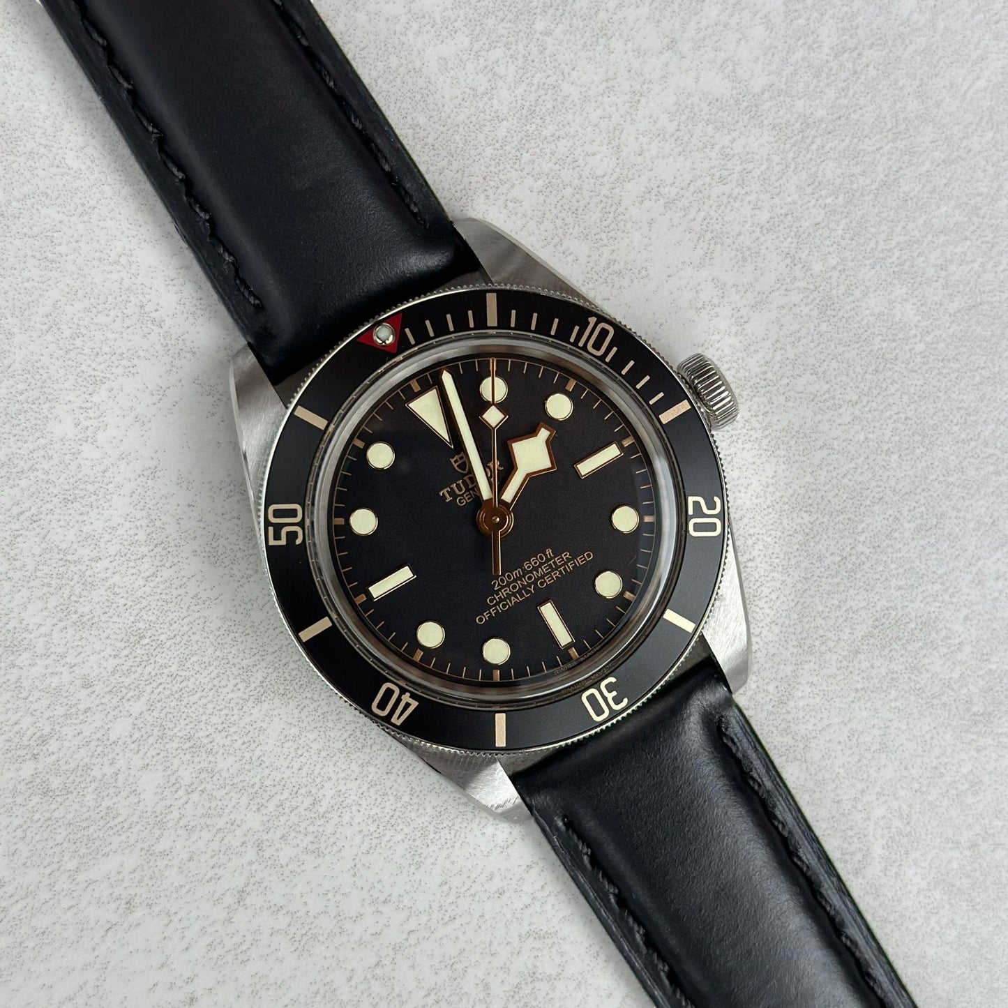 Jet black full grain leather watch strap on the Tudor Blackbay 58. 18mm, 20mm, 22mm, 24mm. Watch And Strap.