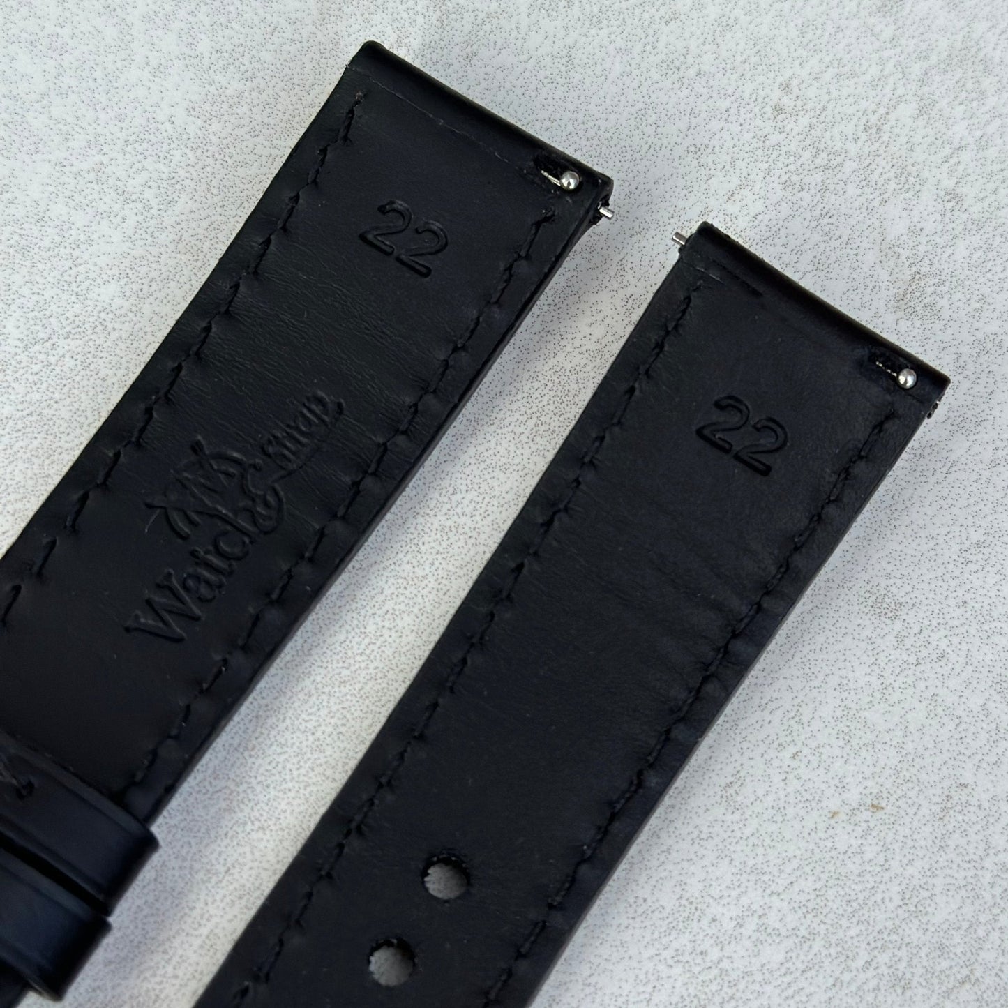 Quick release spring bars on the Athens jet black full grain leather watch strap. Watch And Strap.
