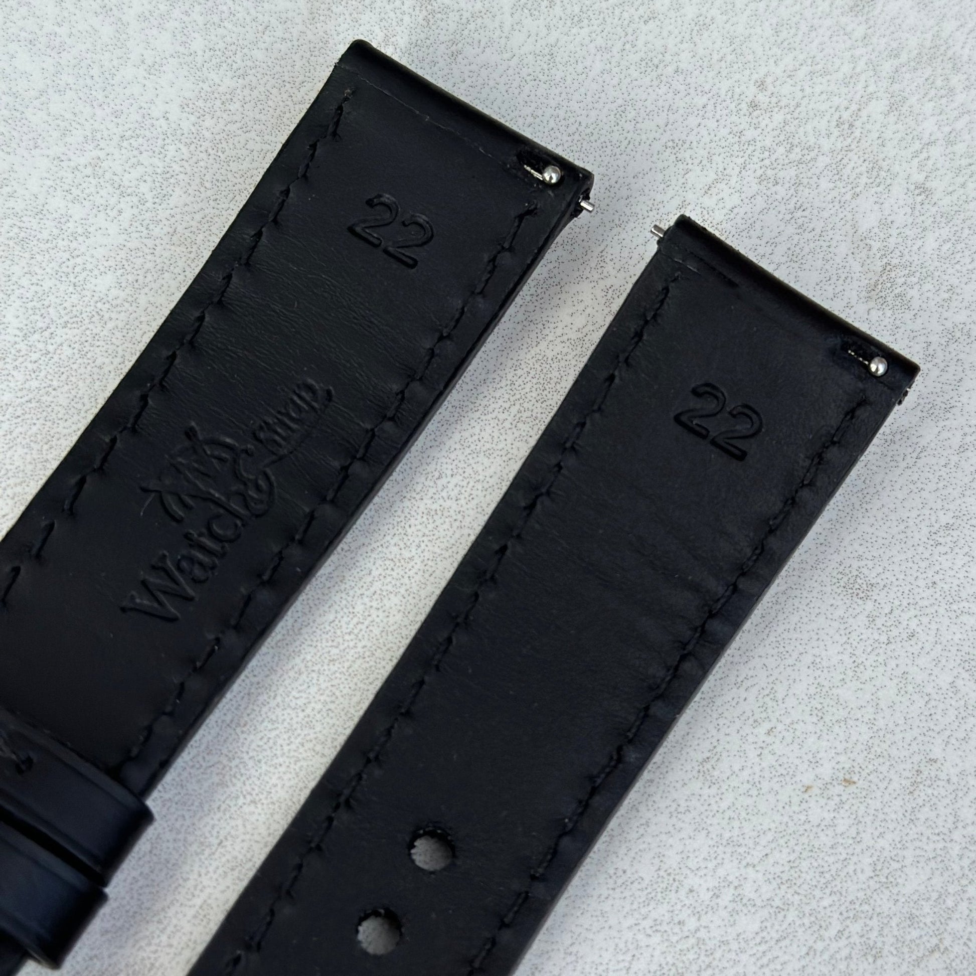 Quick release spring bars on the Athens jet black full grain leather watch strap. Watch And Strap.