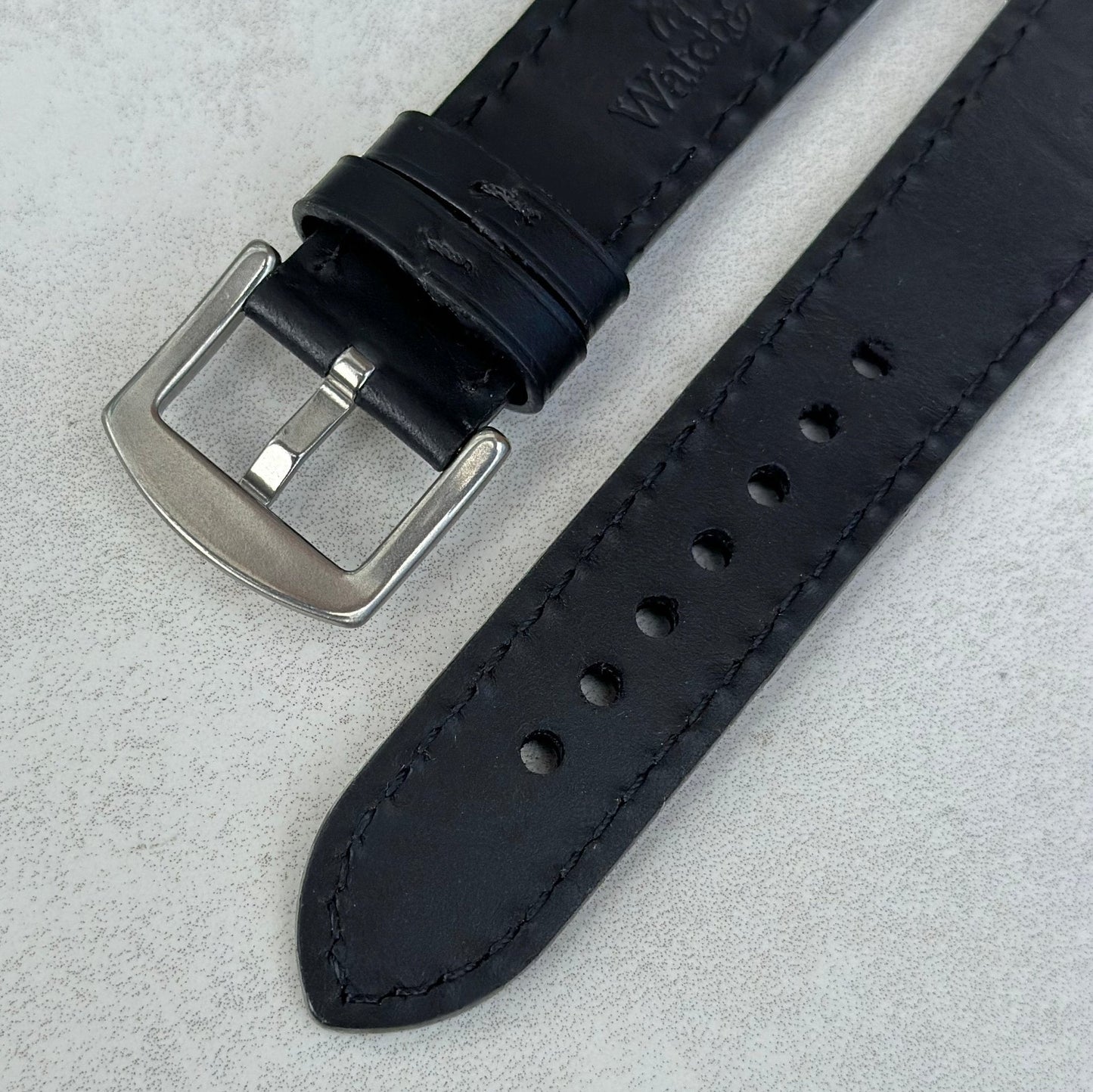 Underside buckle of the Athens jet black full grain leather watch strap. 316L stainless steel buckle. Watch And Strap.