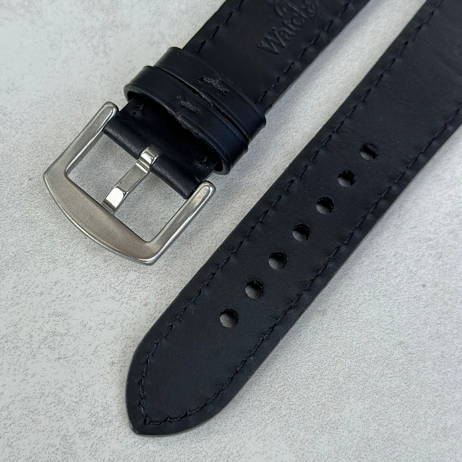 Underside buckle of the Athens jet black full grain leather watch strap. 316L stainless steel buckle. Watch And Strap.