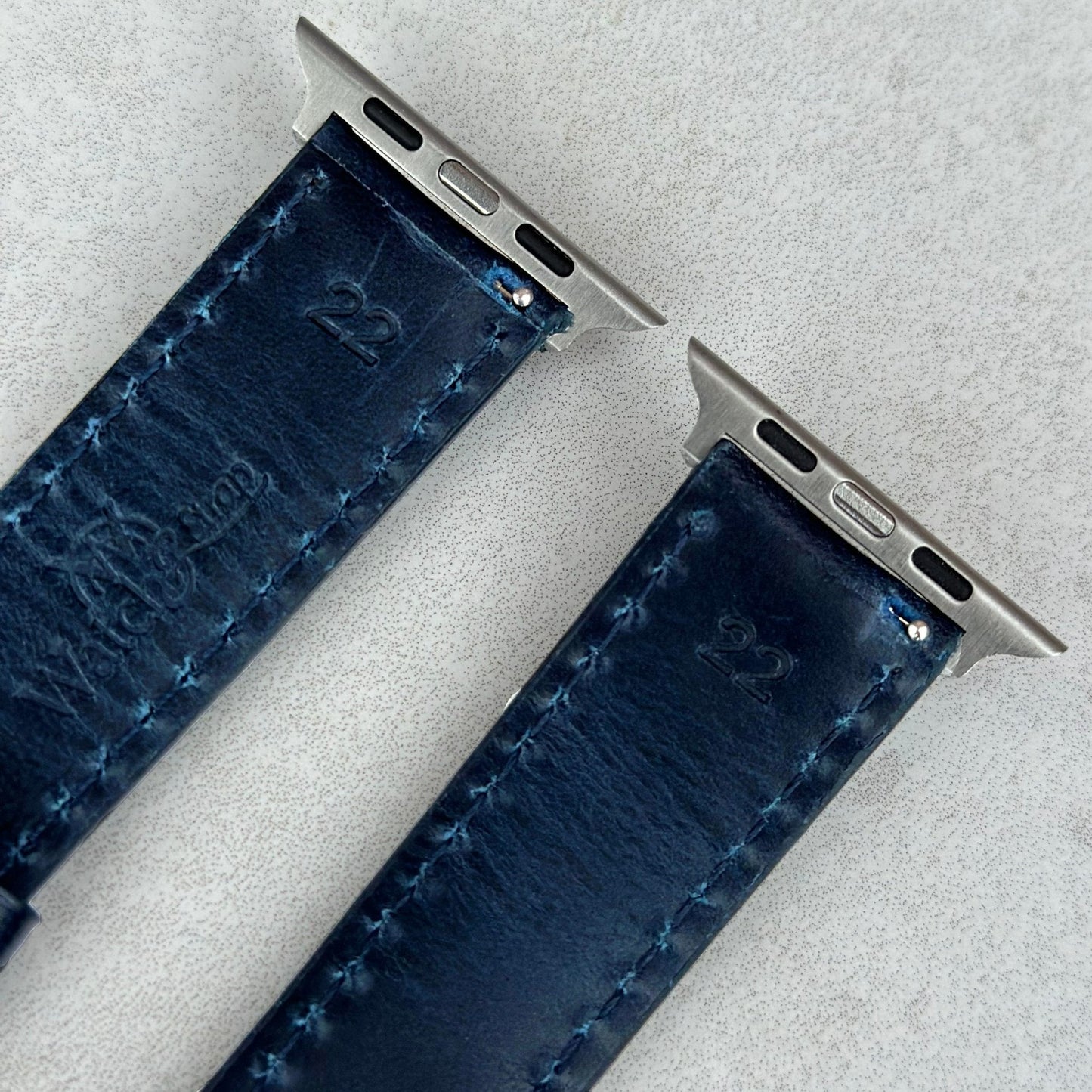 316L stainless steel apple watch connectors on the Athens blue full grain leather apple watch strap.