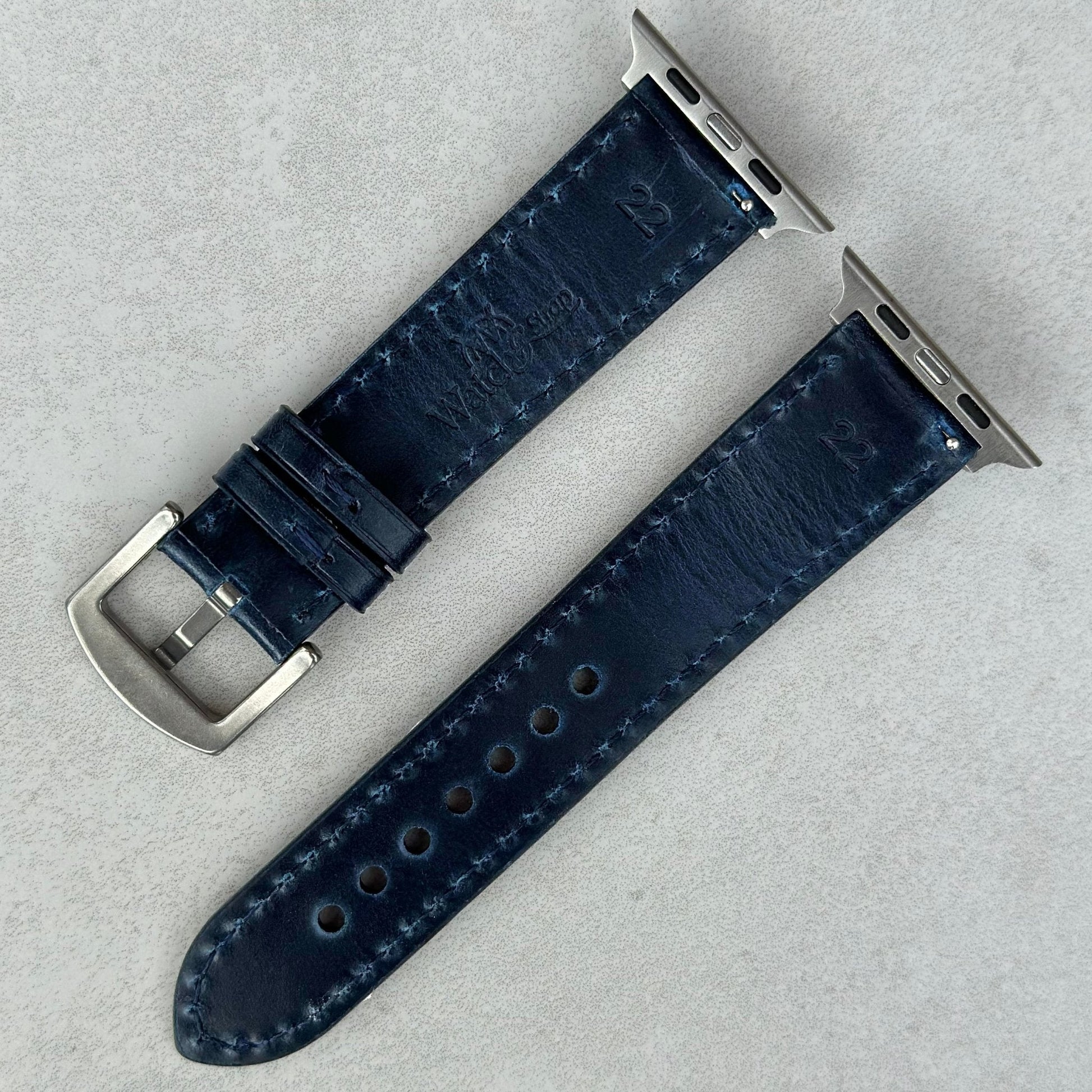 Rear of the Athens Deep Ocean Blue full grain leather watch strap. Watch And Strap logo. 316L stainless steel buckle.