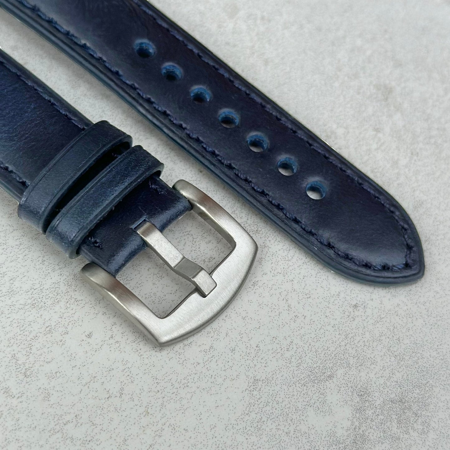 Brushed 316L stainless steel buckle on the Athens Deep Ocean Blue apple watch strap.