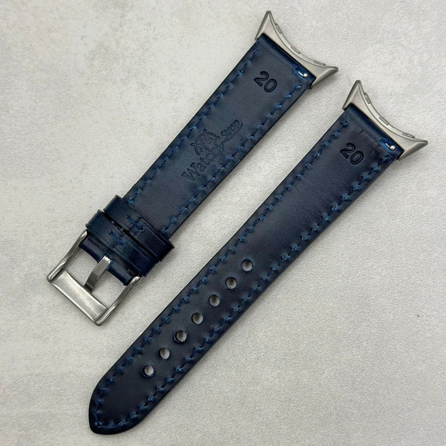 Rear of the Athens blue full grain leather Google Pixel Watch strap. Watch And Strap