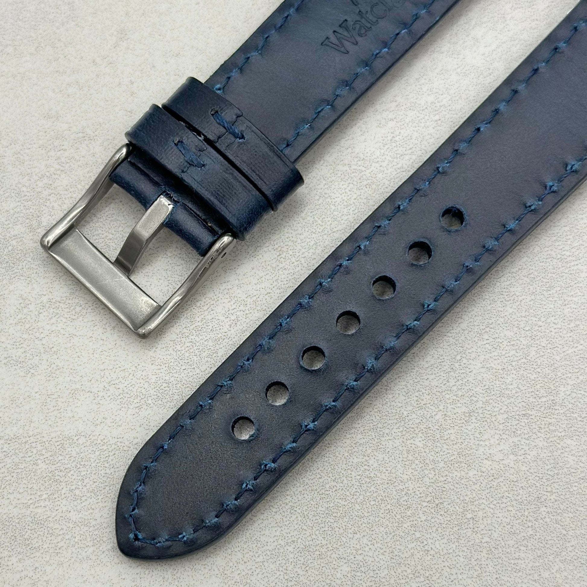 Rear of the Athens blue full grain leather Google Pixel Watch strap. Watch And Strap