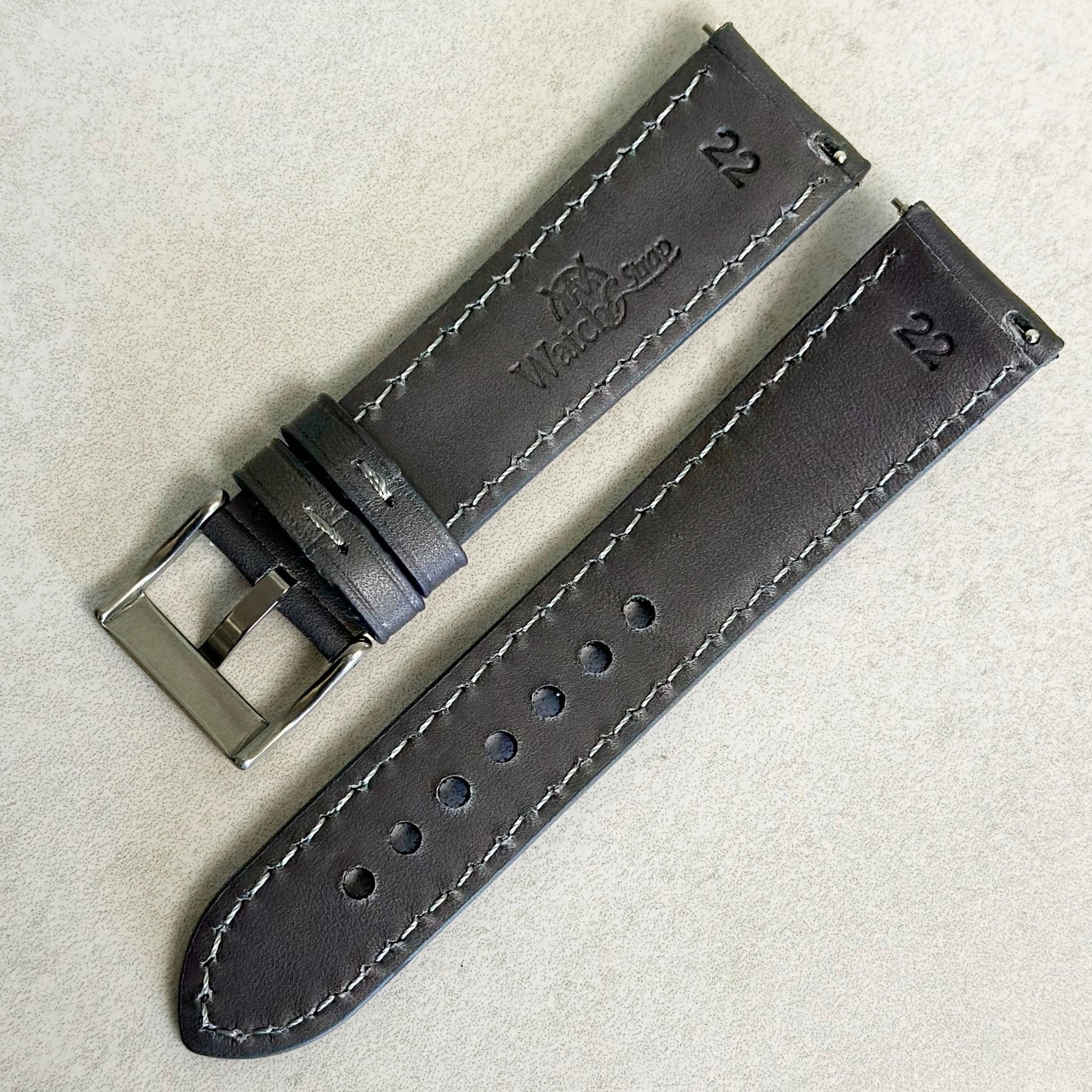 Rear of the Athens slate grey leather watch strap. Quick release pins. Watch And Strap.