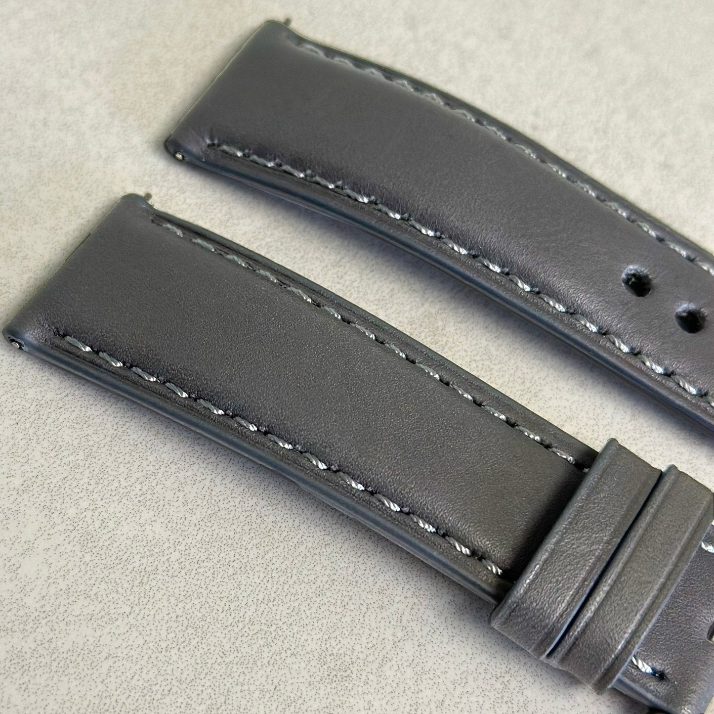 Top of the Athens grey full grain leather watch trap. Padded leather strap. Watch And Strap