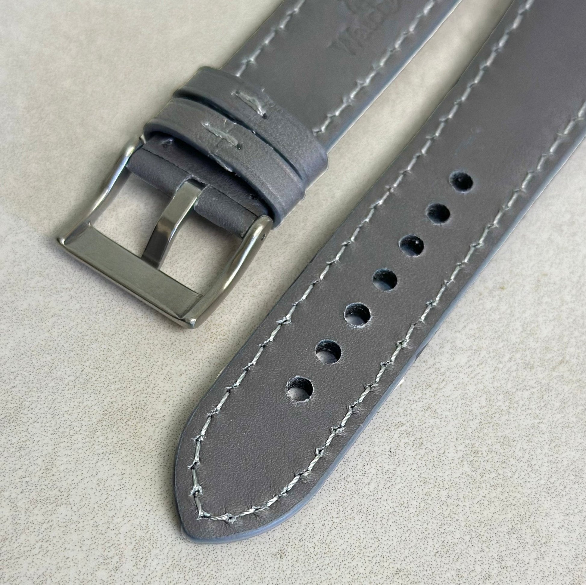 Underside of the brushed 316L stainless steel buckle on the Athens grey full grain leather watch strap. Watch And Strap.