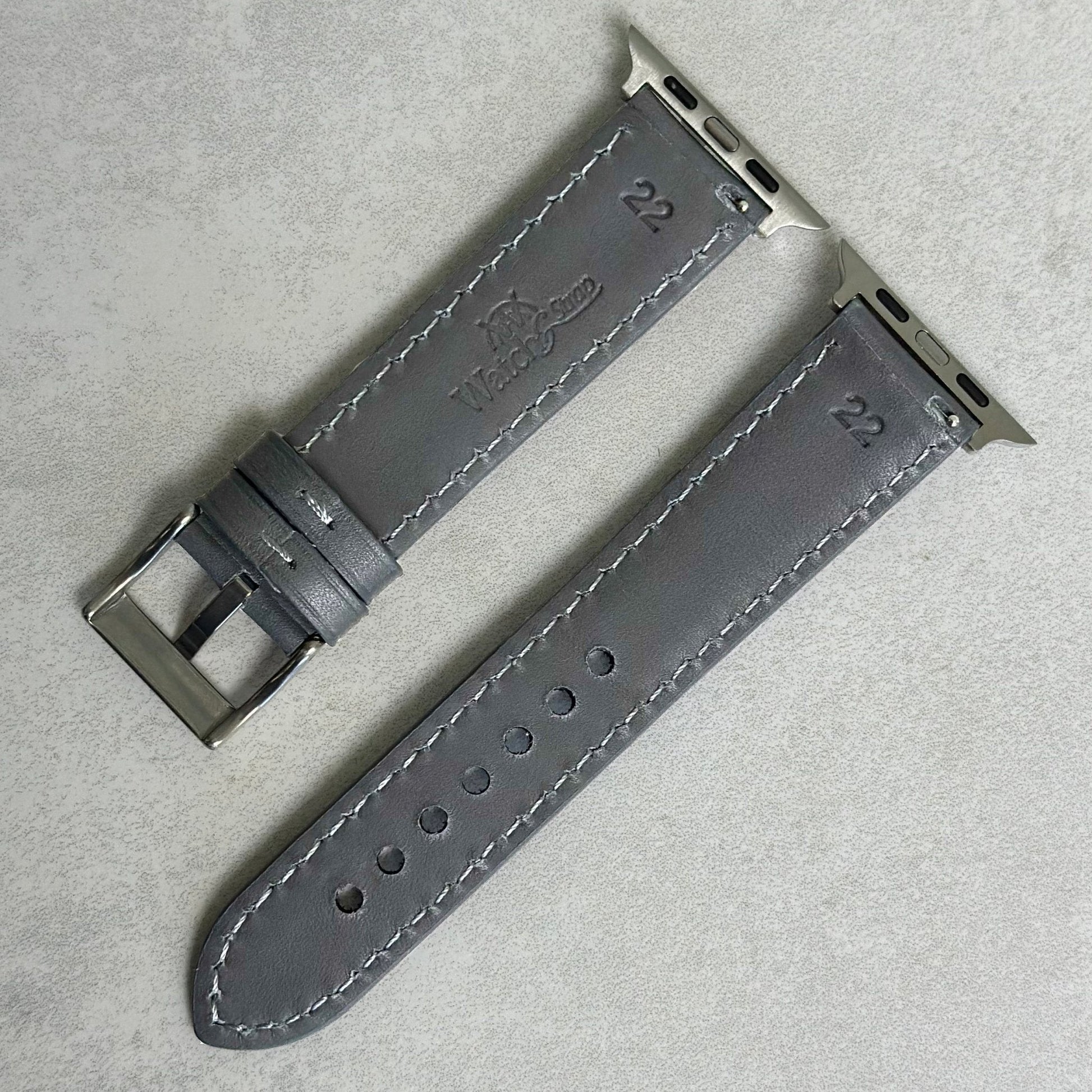 Rear of the Athens grey Apple Watch strap. Series 3, 4, 5, 6, 7, 8, 9, SE and Ultra. Watch And Strap.