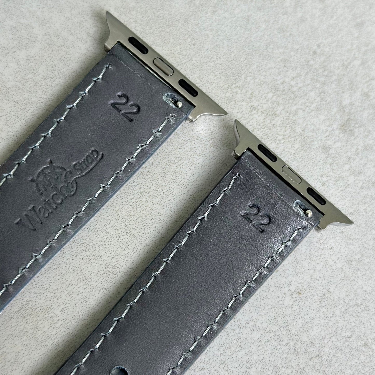 Rear of the Athens grey Apple Watch strap. Series 3, 4, 5, 6, 7, 8, 9, SE and Ultra. Watch And Strap.