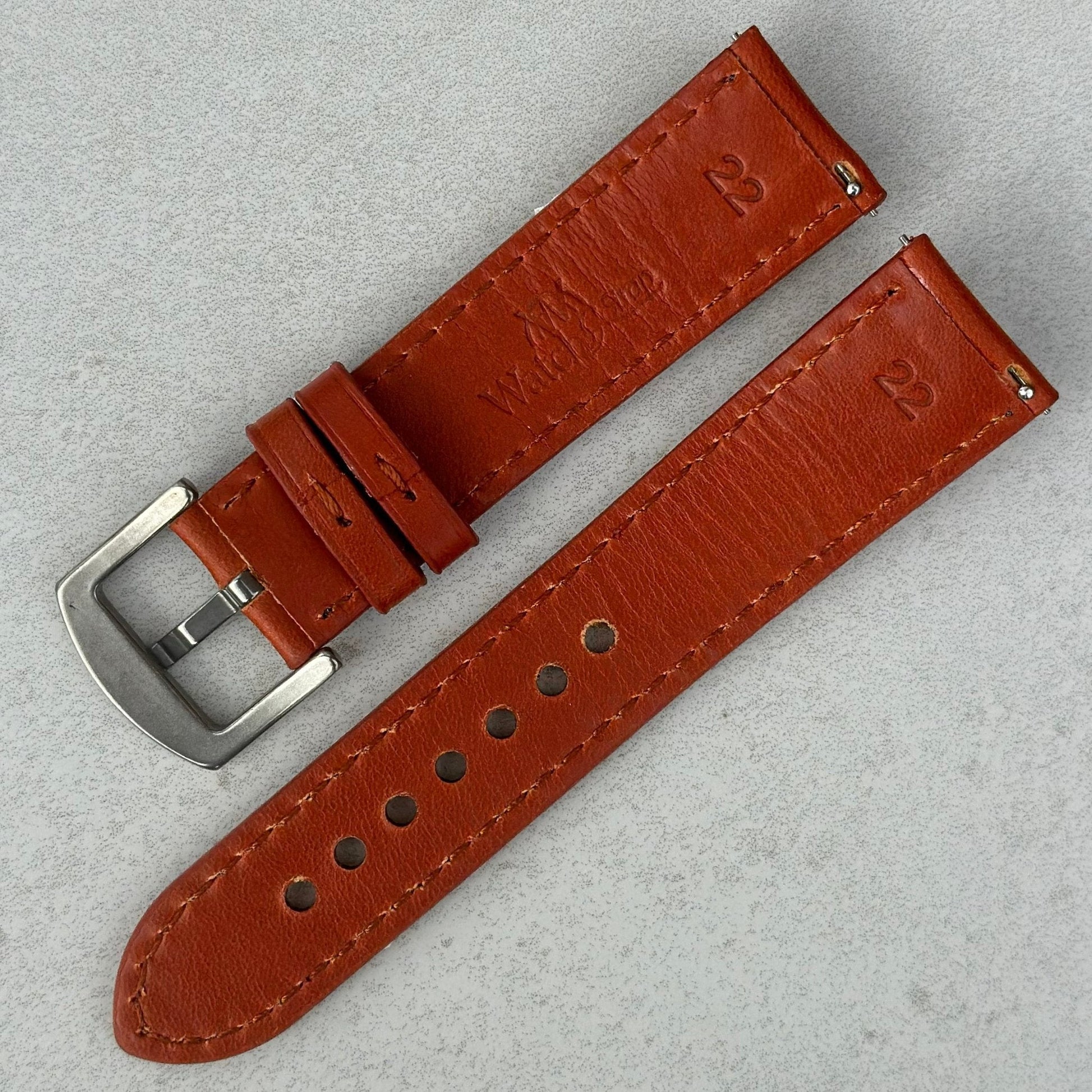 Rear of the Athens burnt cinnamon full grain leather watch strap. Watch And Strap logo debossed into the rear. Quick release.