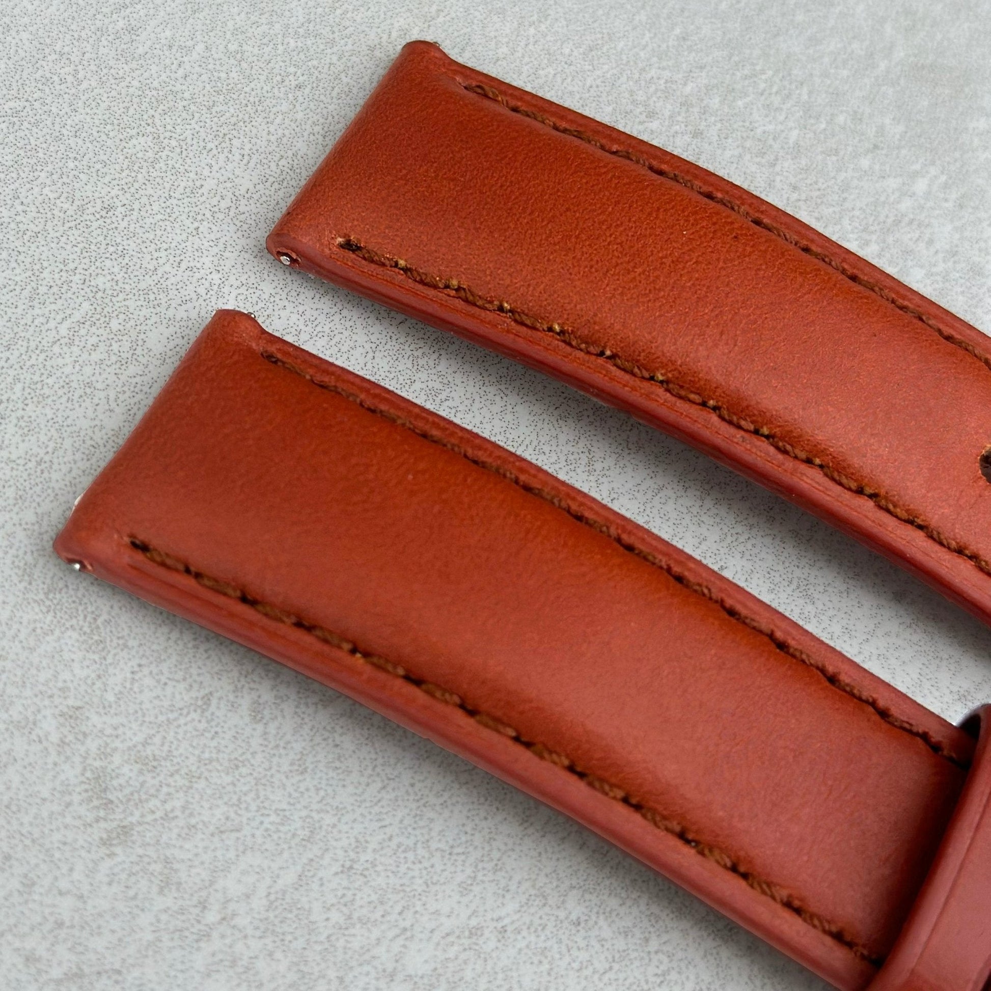 Top of the padded leather watch strap on the Athens burnt cinnamon leather watch strap.