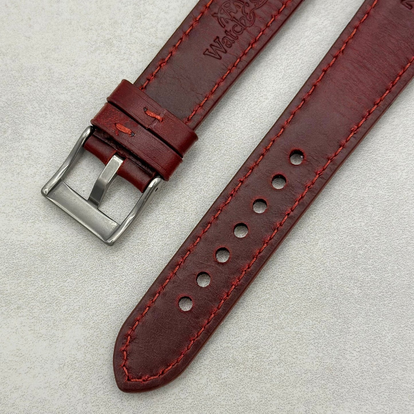 Rear of the Athens wine red full grain leather Google Pixel Watch strap. Watch And Strap