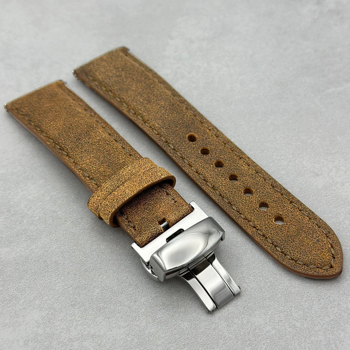 Athens desert sand leather Watch strap with polished butterfly clasp. 18mm, 20mm, 22mm, 24mm.