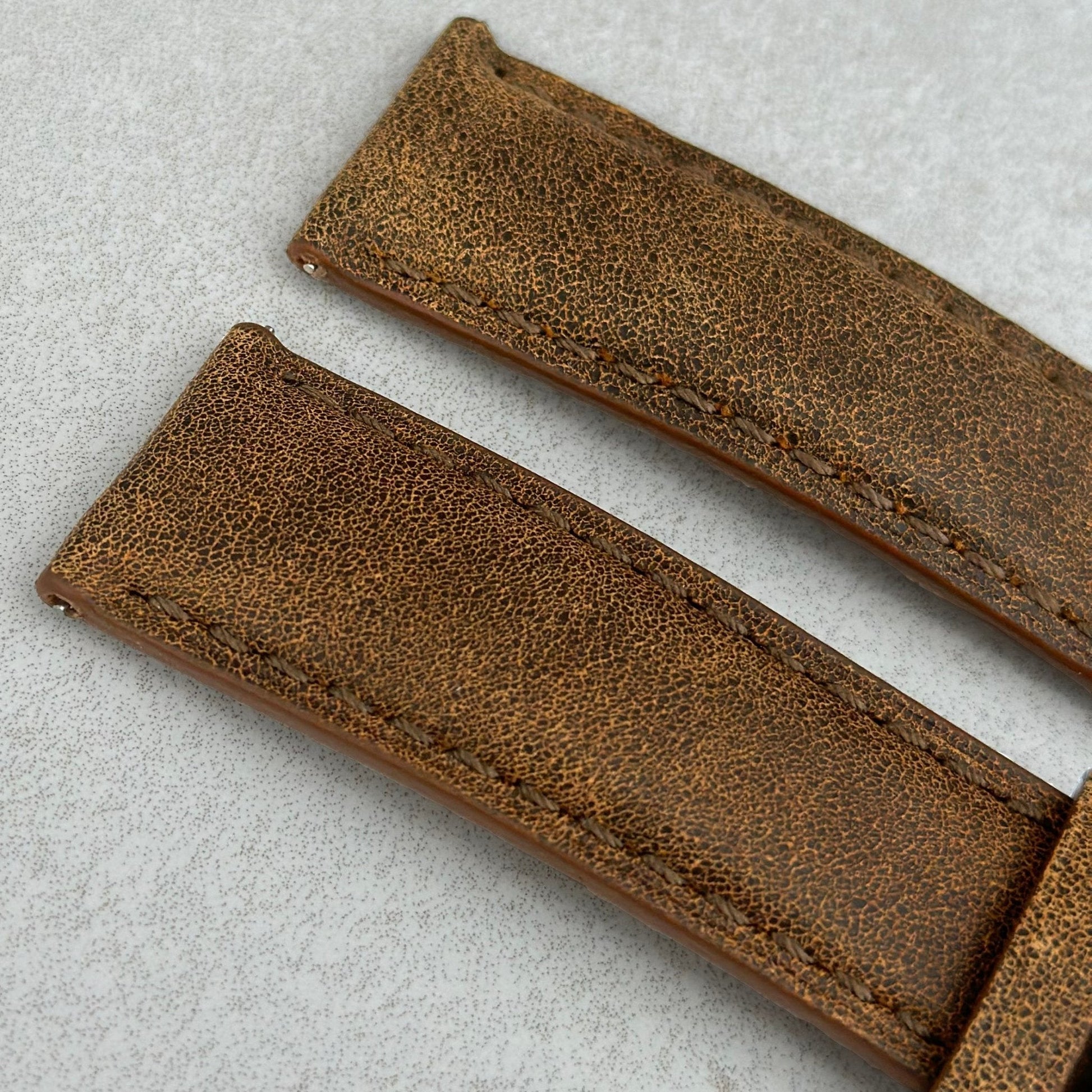 Top of the Athens desert sand tan leather watch strap. Padded leather watch strap with tan stitching.