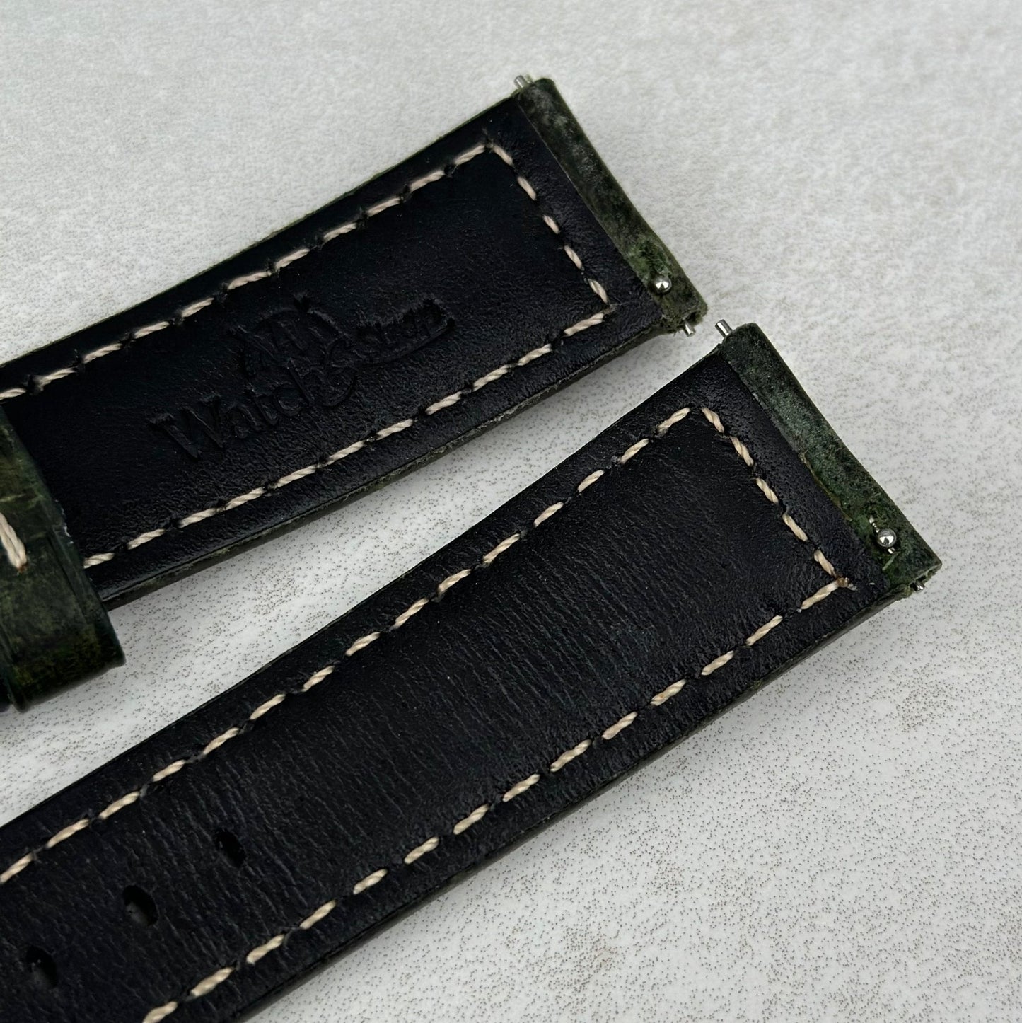 Quick release pins on the Berlin green full grain leather watch strap. Watch And Strap.