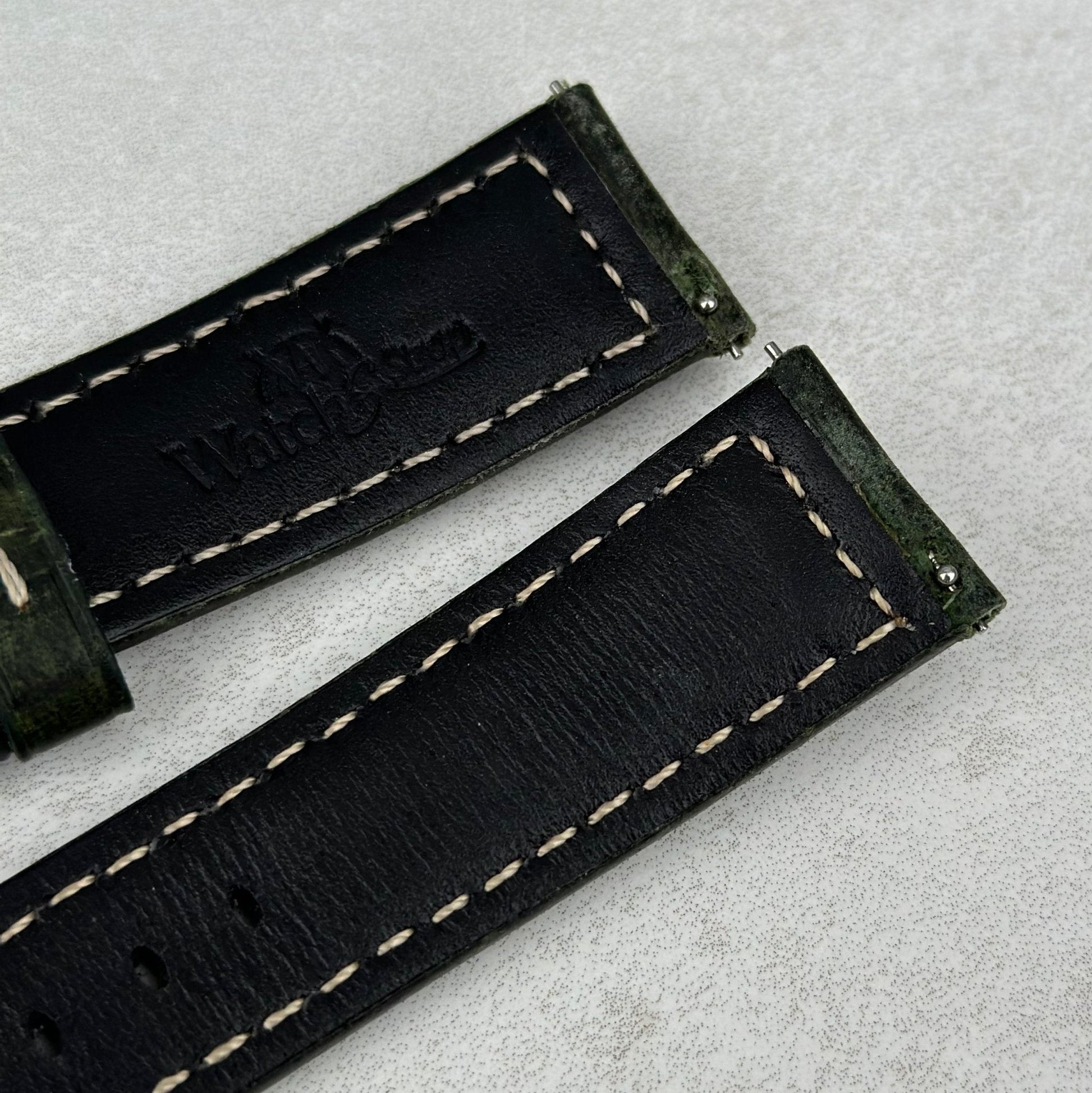 Quick release pins on the Berlin green full grain leather watch strap. Watch And Strap.
