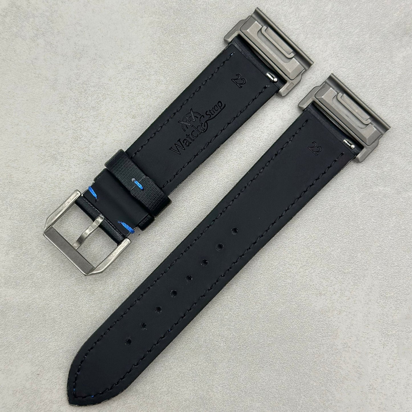 The Bermuda: Jet Black Sail Cloth Garmin QuickFit Watch Strap With Blue Stitching