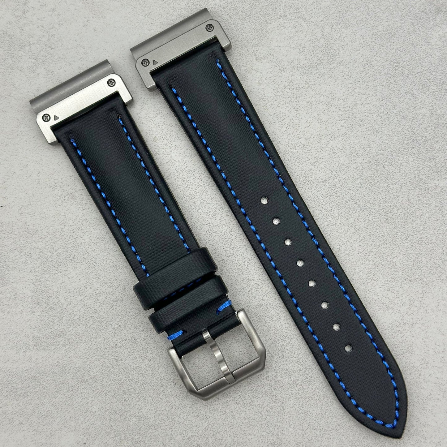 The Bermuda: Jet Black Sail Cloth Garmin QuickFit Watch Strap With Blue Stitching