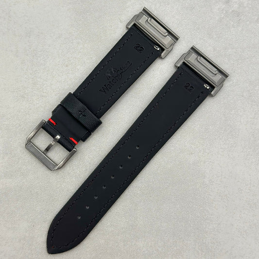 The Bermuda: Jet Black Sail Cloth Garmin QuickFit Watch Strap With Red Stitching