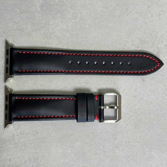 Bermuda jet black sail cloth Apple Watch strap with contrast red stitching. Apple Watch Series 3, 4, 5, 6, 7, 8, 9, SE, Ultra