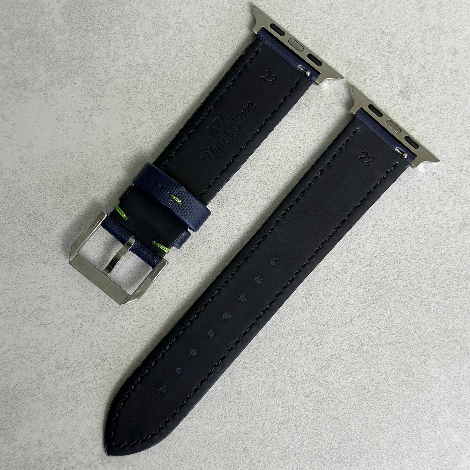 Rear of the navy blue sail cloth Apple Watch strap. Black leather underside. Watch And Strap