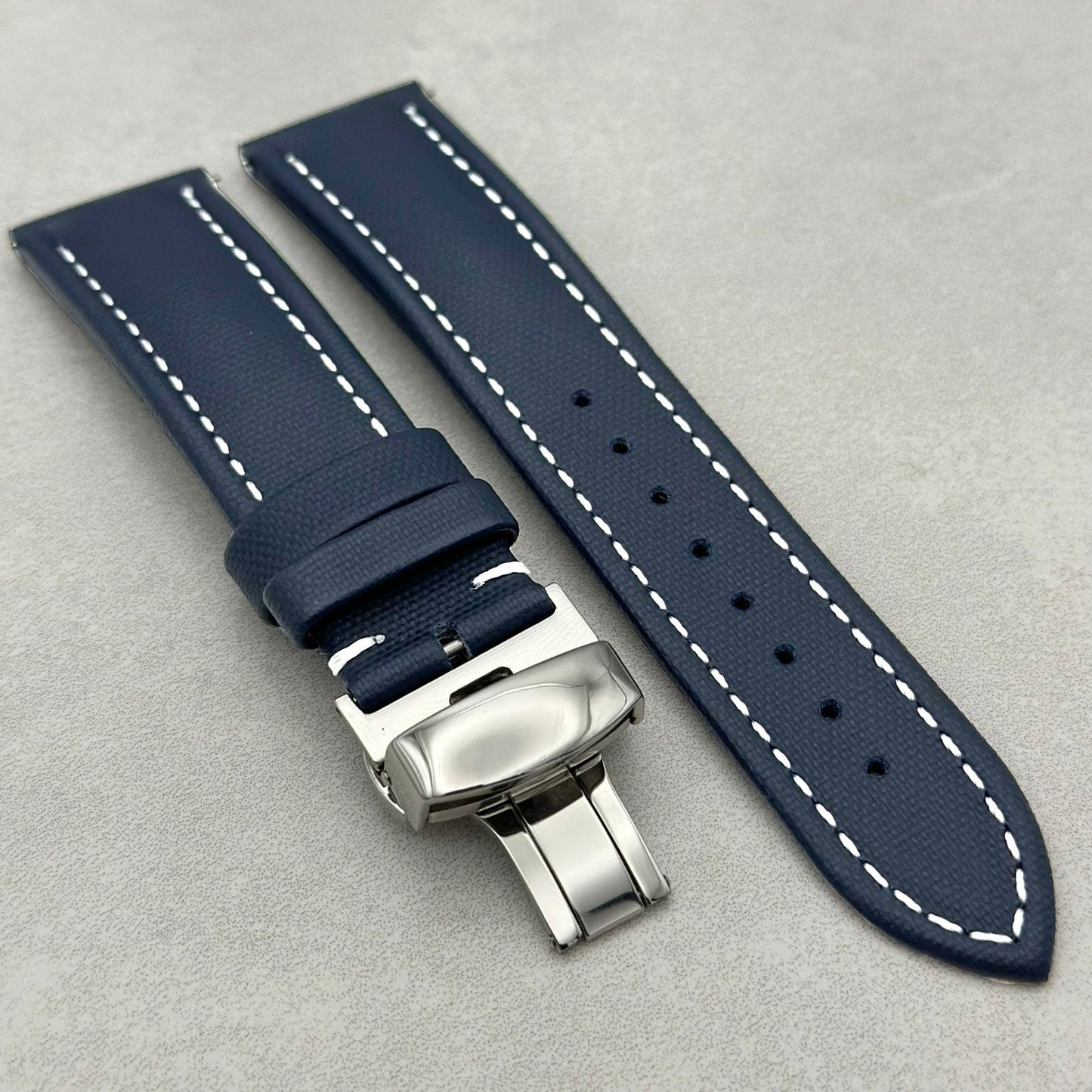 The Bermuda: Navy Blue Sail Cloth Apple Watch Strap With Contrast White Stitching