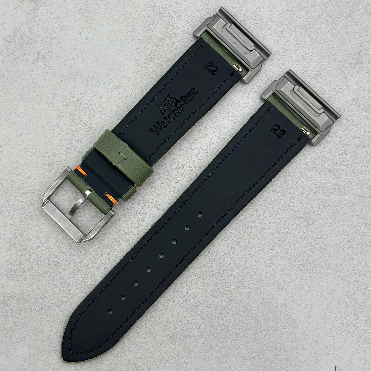 The Bermuda: Khaki Green Sail Cloth Garmin QuickFit Watch Strap With Orange Stitching